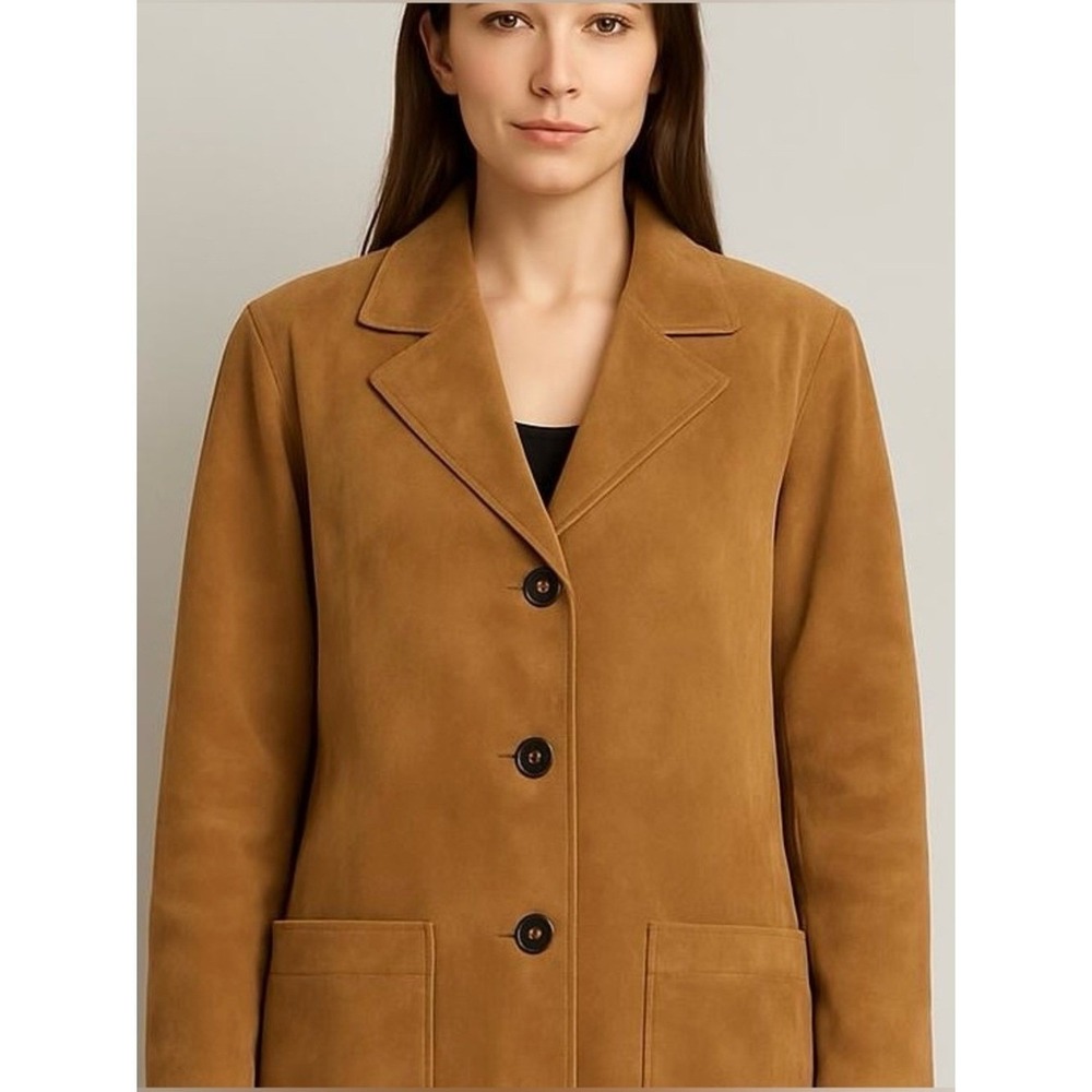 Dennis Basso Womens Genuine‎ Leather Suede Blazer Jacket Camel Tan Size Large